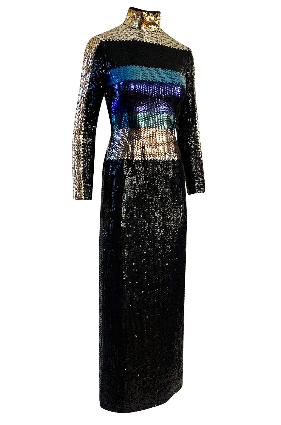 Late 1970s Pierre Cardin Blue Green & Gold Striped Black Sequin Dress w High Collar