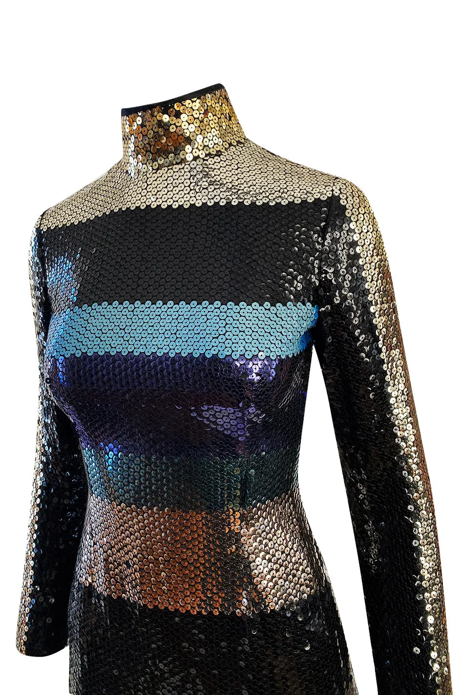 Late 1970s Pierre Cardin Blue Green & Gold Striped Black Sequin Dress w High Collar