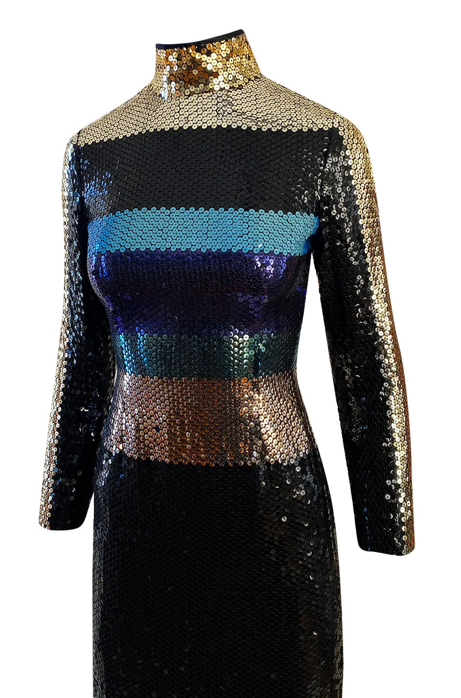 Late 1970s Pierre Cardin Blue Green & Gold Striped Black Sequin Dress w High Collar