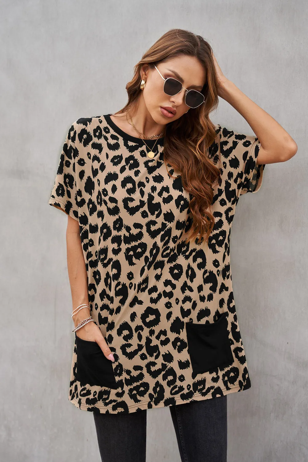 Leopard Print Pocketed T-shirt Mini Dress