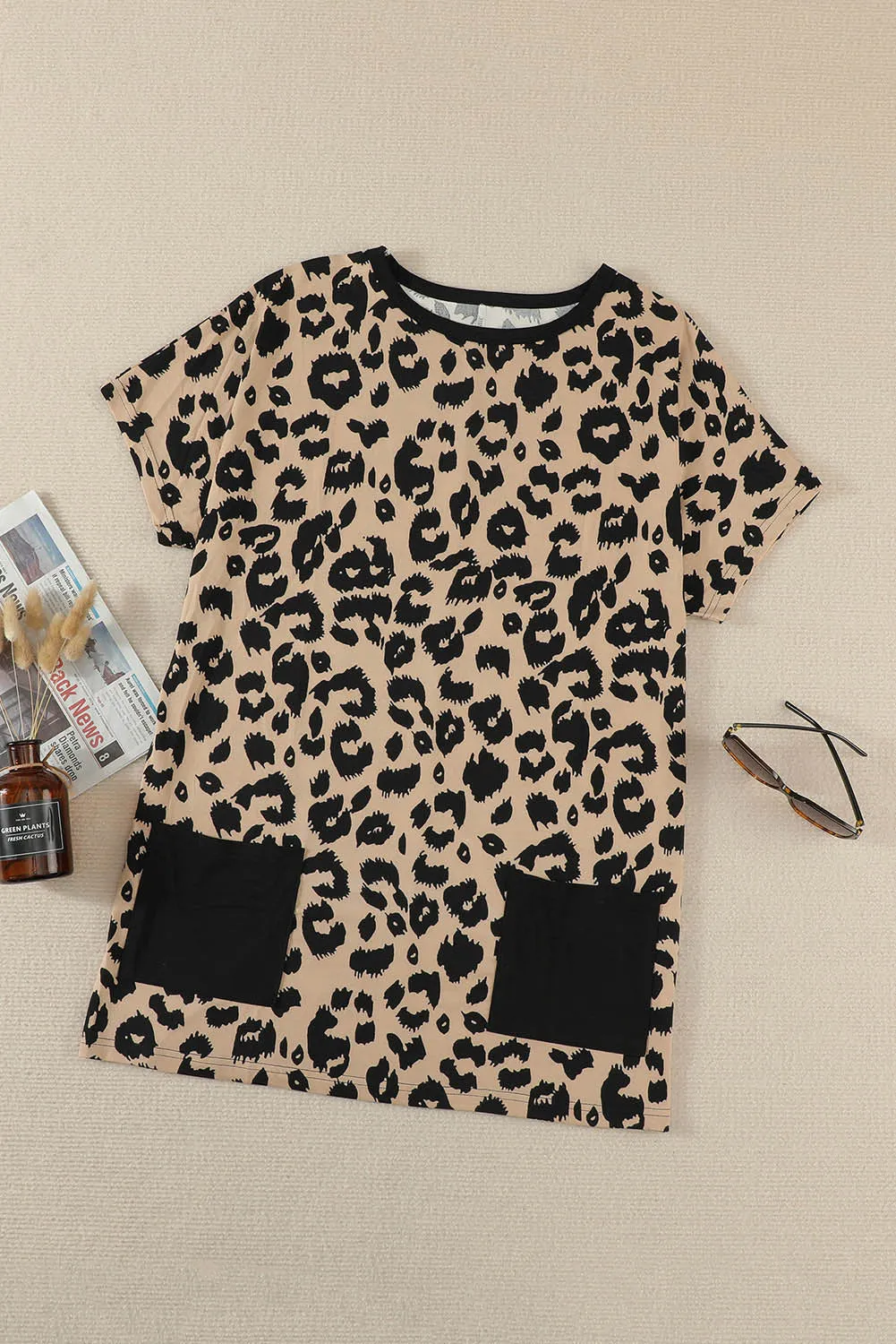 Leopard Print Pocketed T-shirt Mini Dress