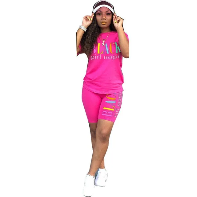Letter Print Summer Casual Two Piece Set O Neck Short Sleeve