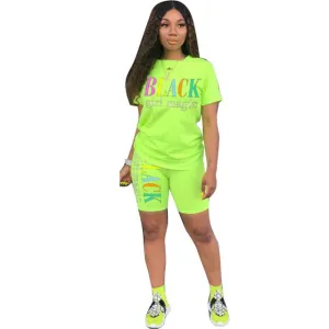 Letter Print Summer Casual Two Piece Set O Neck Short Sleeve