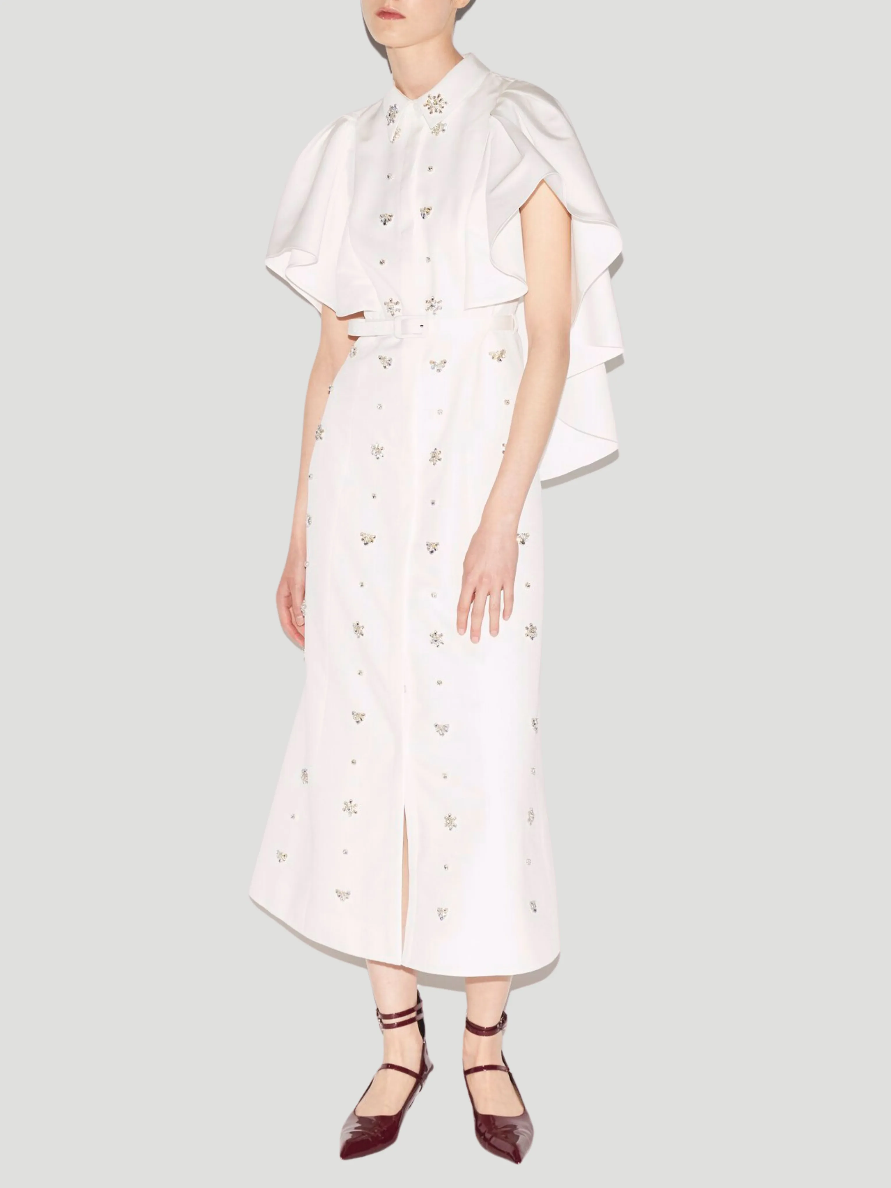 Maira Belted Embellished Shirt Dress with Cape Detail