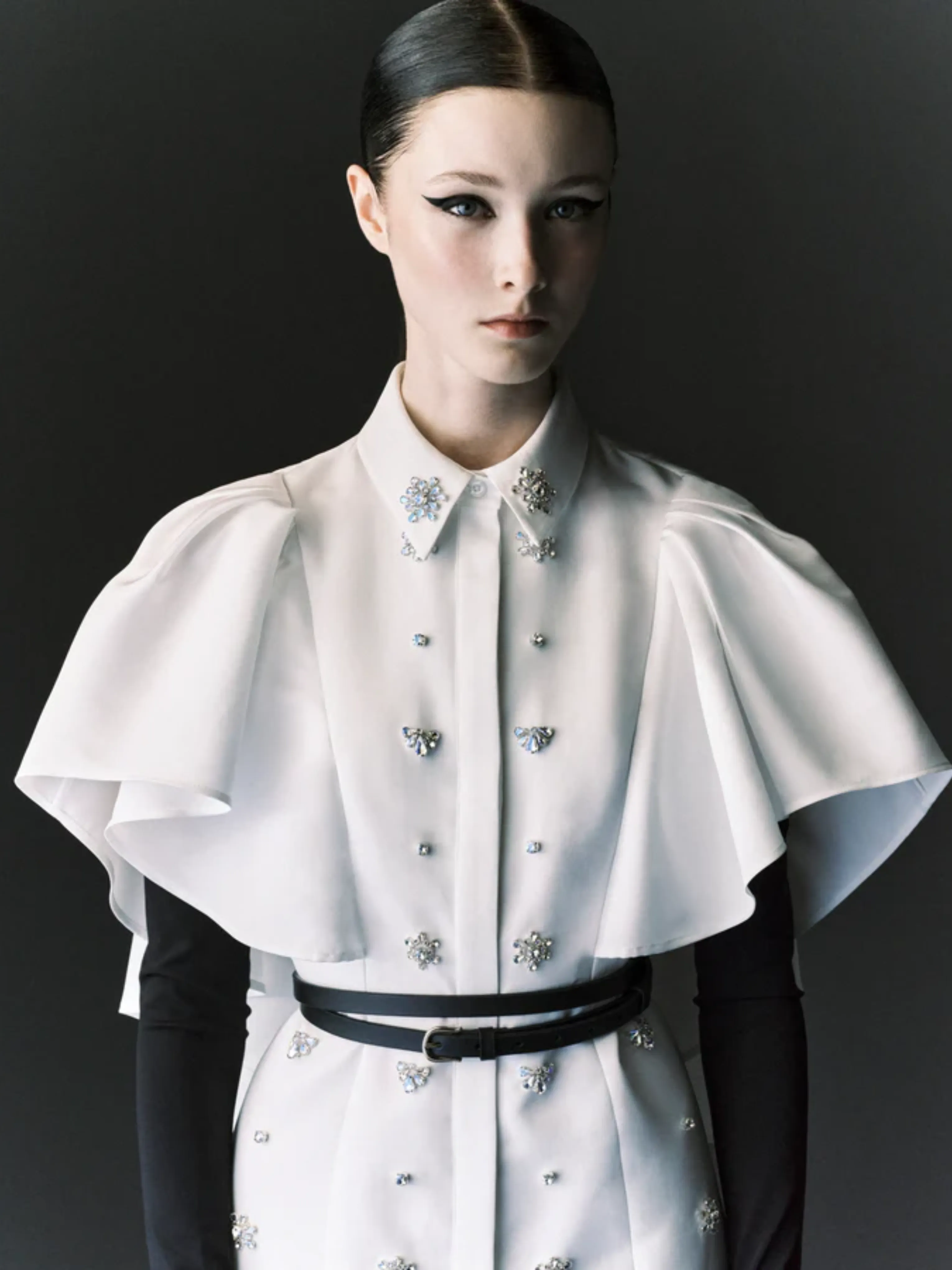 Maira Belted Embellished Shirt Dress with Cape Detail
