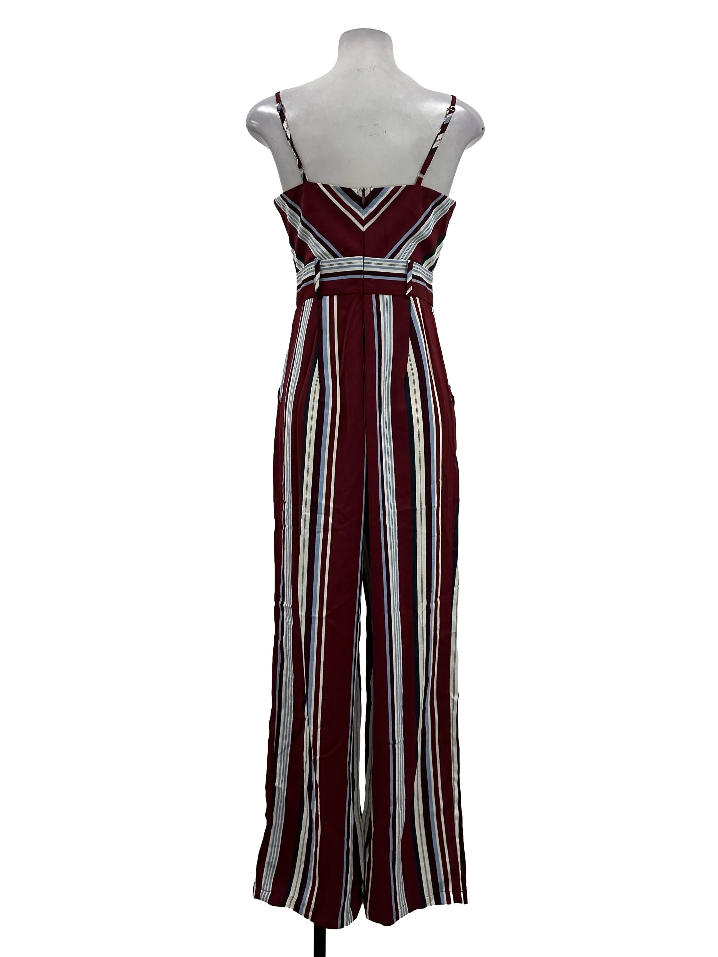 Maroon Red Striped Cut Out Jumpsuit