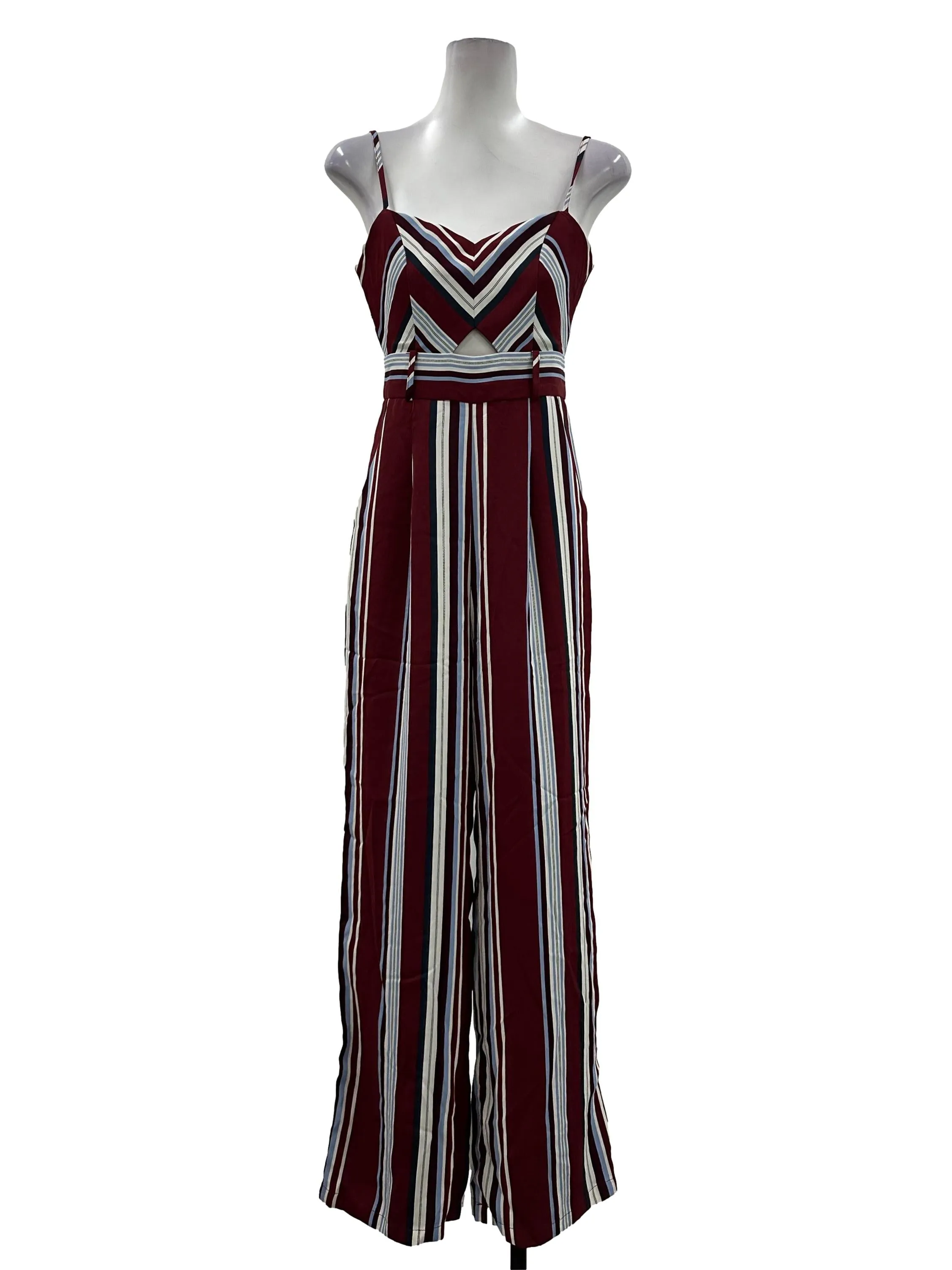 Maroon Red Striped Cut Out Jumpsuit