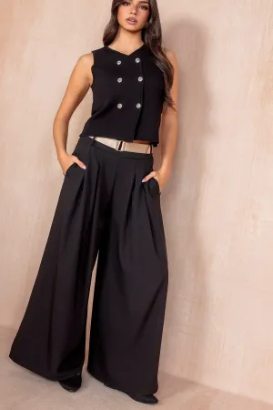 Melinda Black Belted Wide Leg Trousers