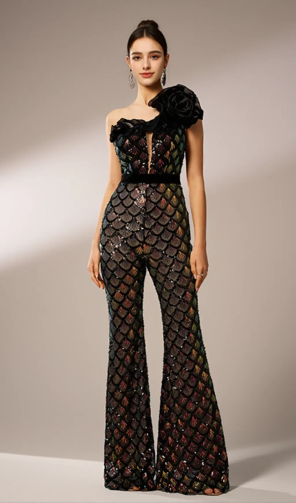 Mermaid Scale Floral One-Shoulder Sequin Jumpsuit