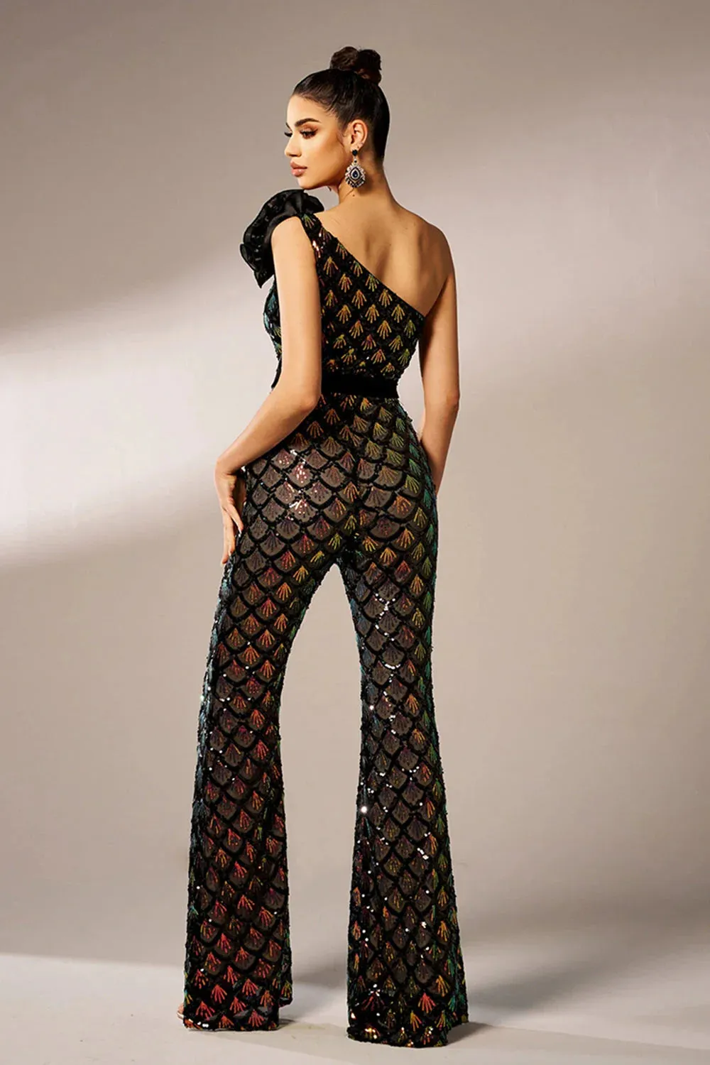 Mermaid Scale Floral One-Shoulder Sequin Jumpsuit