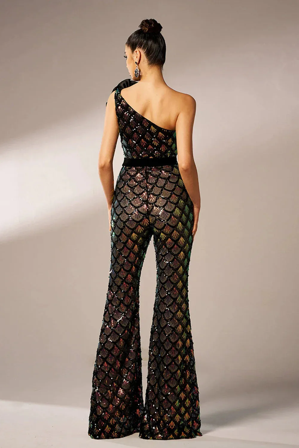 Mermaid Scale Floral One-Shoulder Sequin Jumpsuit