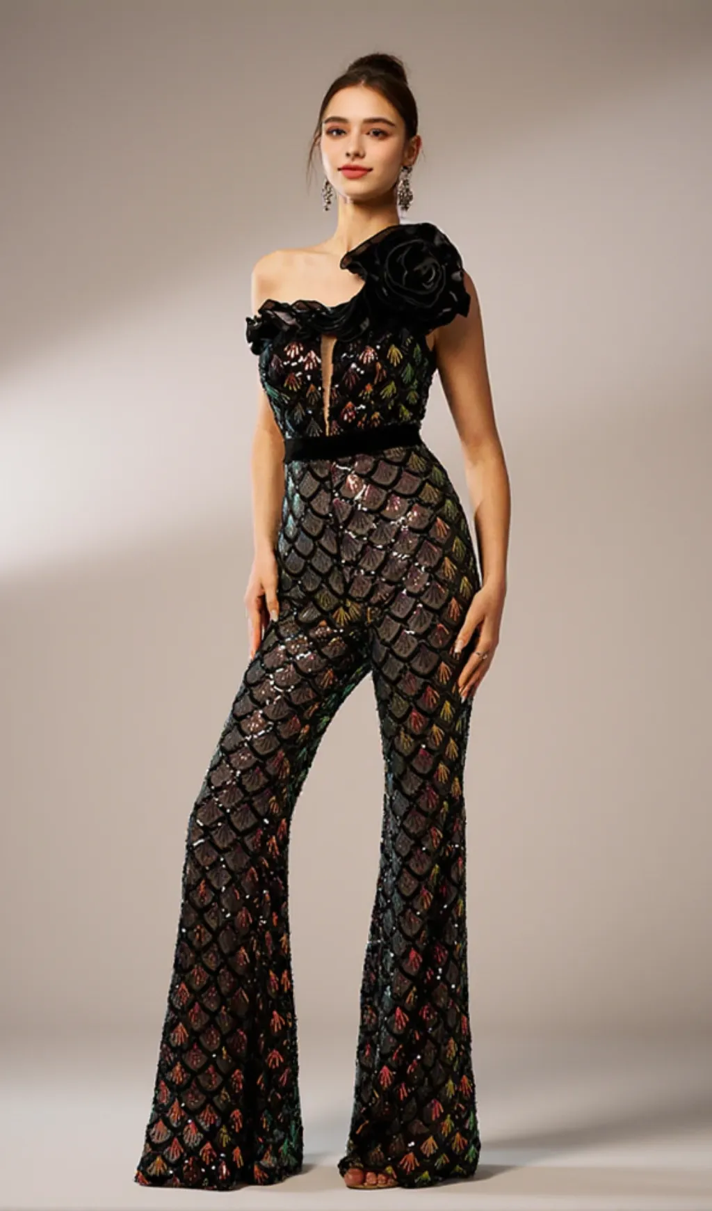 Mermaid Scale Floral One-Shoulder Sequin Jumpsuit