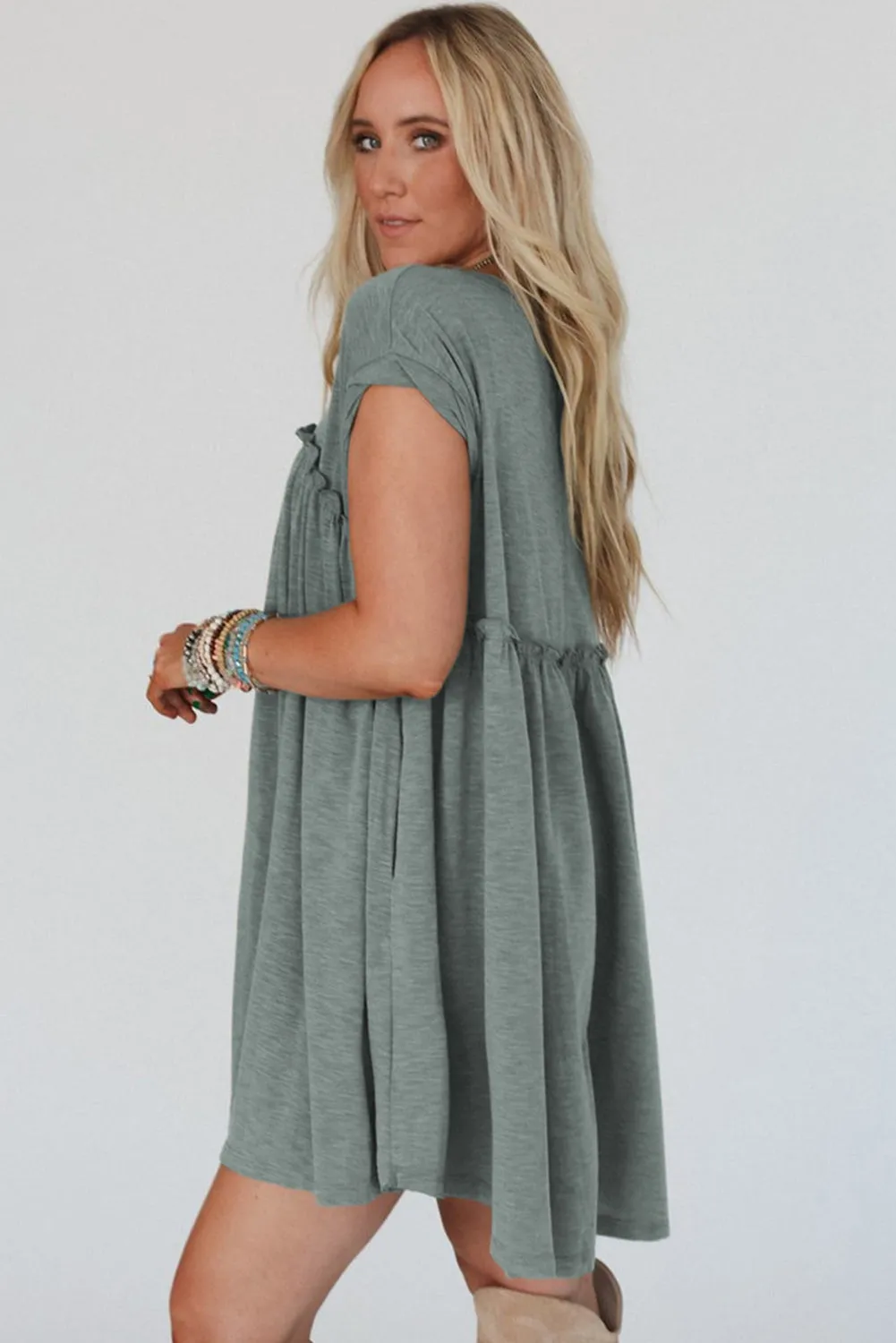 Mist Green Frilled Gathered Seam Round Neck T Shirt Dress
