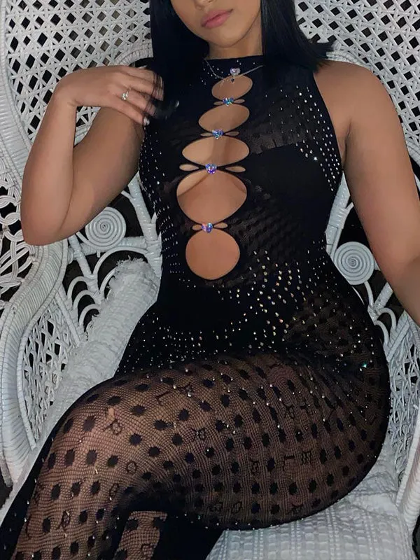 Momnfancy Black Mesh Diamond Rhinestone Cut Out Sleeveless Bodycon Sheer Chic Club Maternity Photoshoot Baby Shower Party Jumpsuit