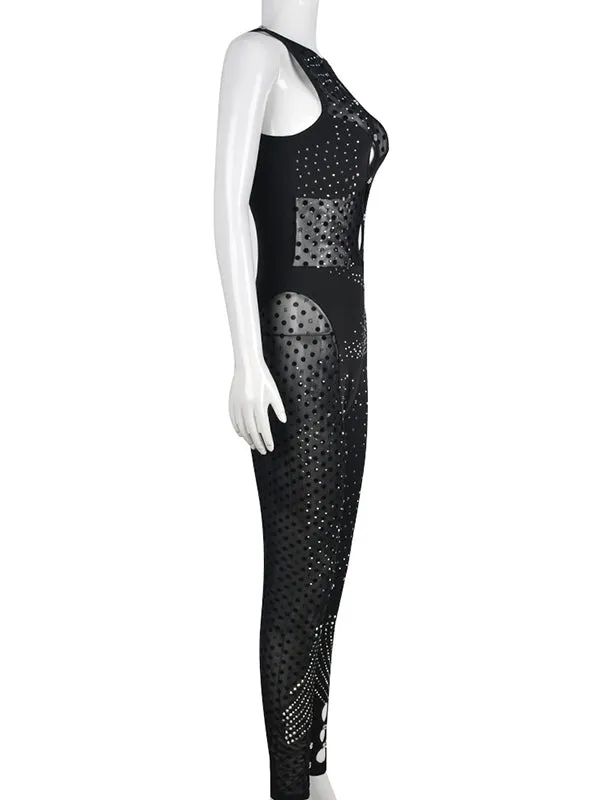 Momnfancy Black Mesh Diamond Rhinestone Cut Out Sleeveless Bodycon Sheer Chic Club Maternity Photoshoot Baby Shower Party Jumpsuit