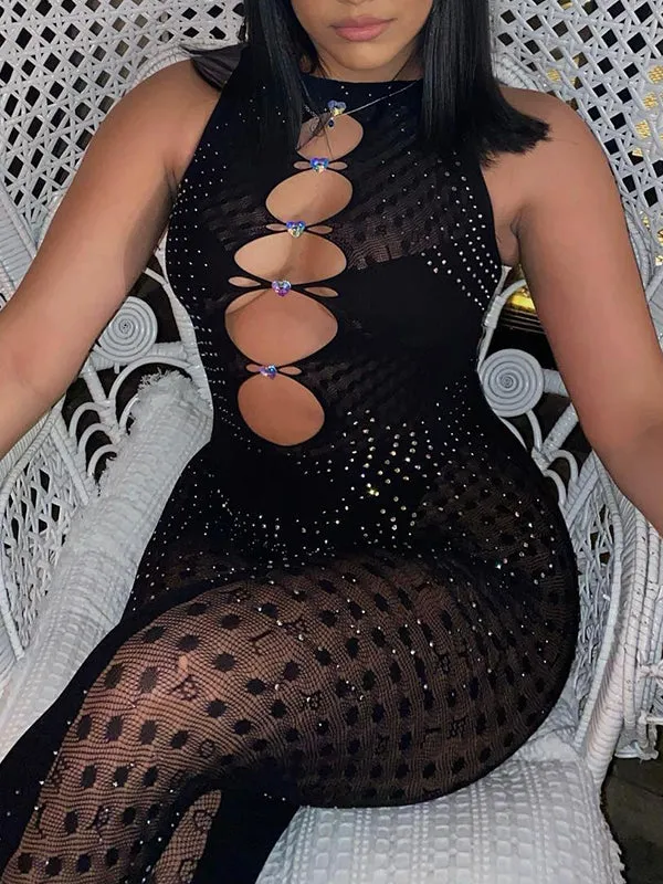 Momnfancy Black Mesh Diamond Rhinestone Cut Out Sleeveless Bodycon Sheer Chic Club Maternity Photoshoot Baby Shower Party Jumpsuit