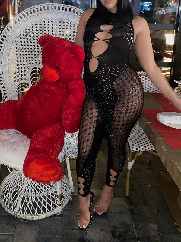 Momnfancy Black Mesh Diamond Rhinestone Cut Out Sleeveless Bodycon Sheer Chic Club Maternity Photoshoot Baby Shower Party Jumpsuit