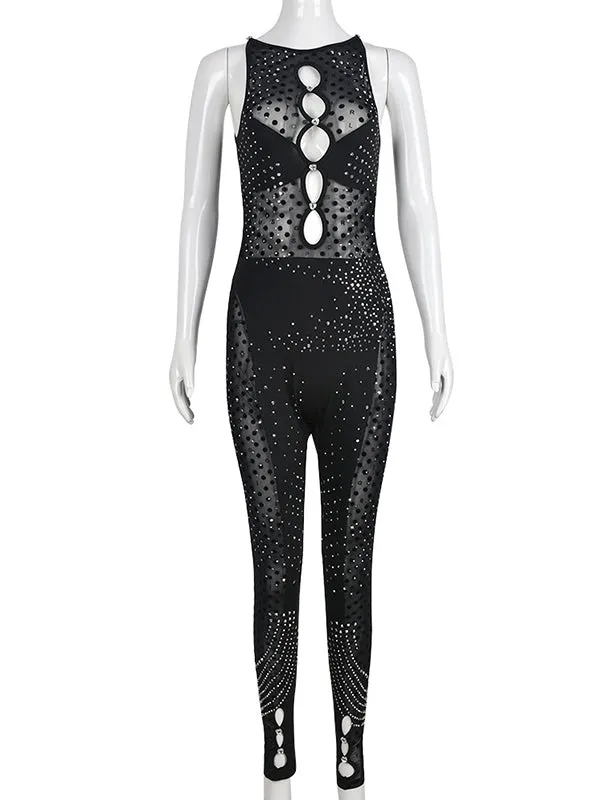 Momnfancy Black Mesh Diamond Rhinestone Cut Out Sleeveless Bodycon Sheer Chic Club Maternity Photoshoot Baby Shower Party Jumpsuit