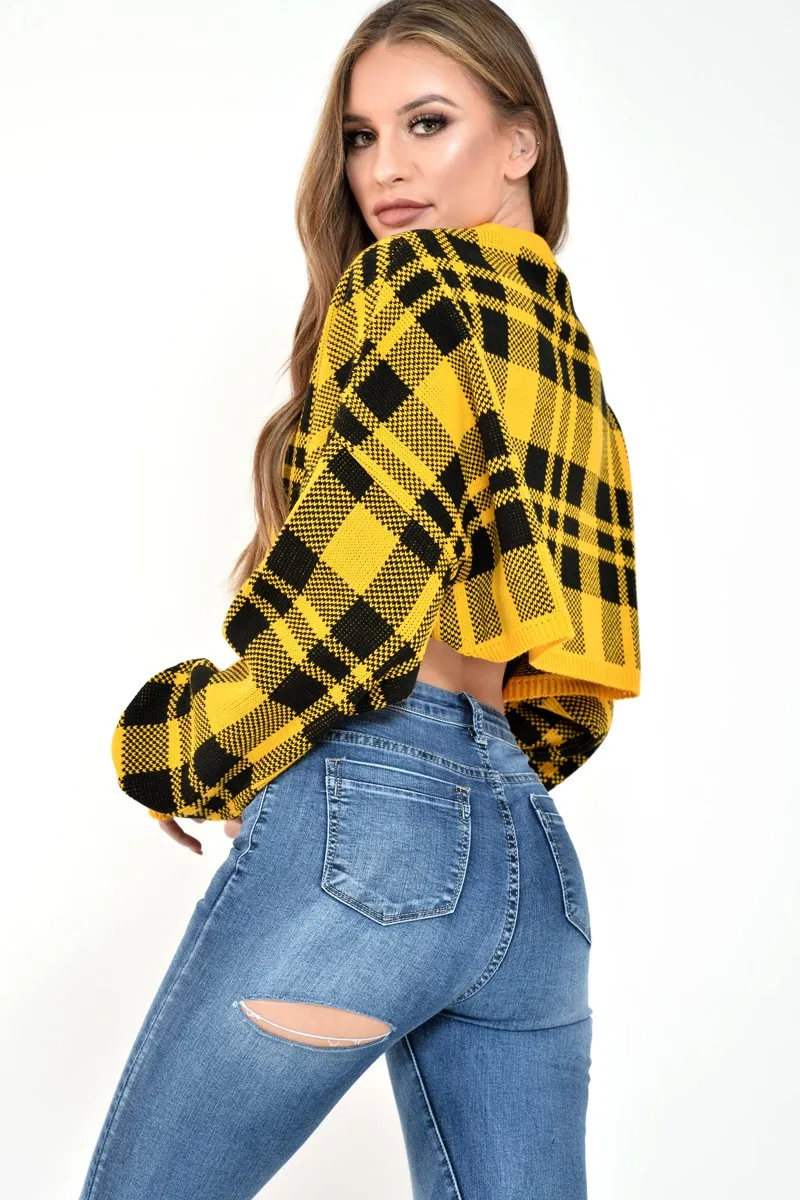 Mustard Check Batwing Crop Knit Jumper - Marisa
