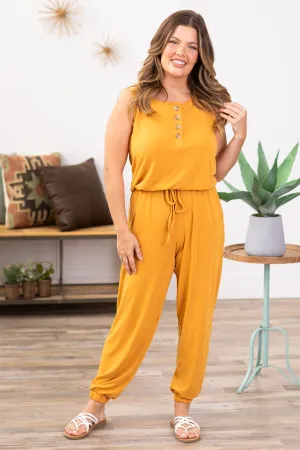 Mustard Drawstring Waist Knit Jumpsuit