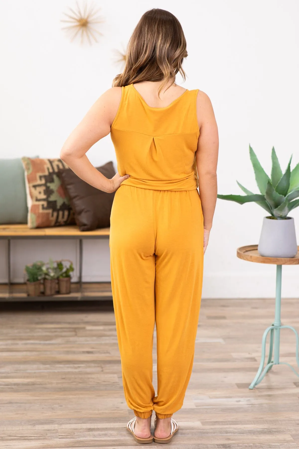 Mustard Drawstring Waist Knit Jumpsuit
