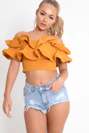 Mustard Extreme Ruffle Bandeau Crop Top - Wilhelmina