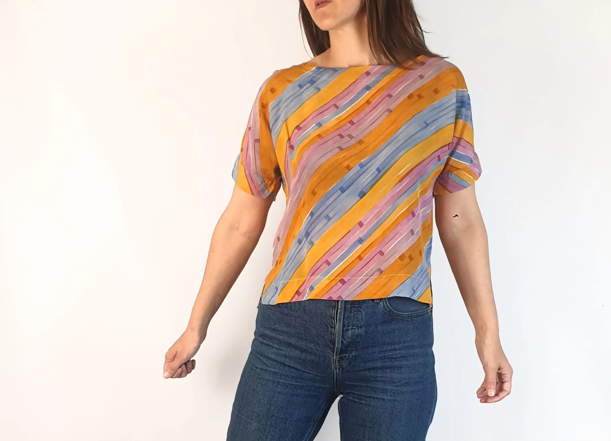 Nancybird horizontal striped 100% silk top size XS, best fits 8