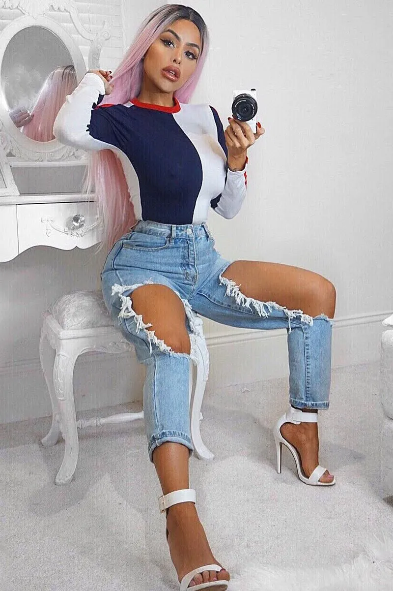 Navy and White Contrast Long Sleeved Bodysuit - Lareen
