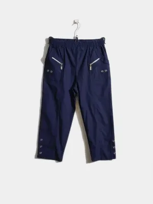 Navy Cotton Stretch Elasticated Waist Cropped Trouser