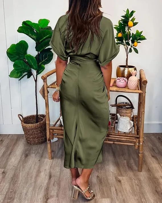 NEW BTFBM Women's Long Sleeve Lapel V Neck Button Down Army Green Dress Belted Elegant Ruched Spring Summer Maxi Shirt Dress - Size M - Retails $59 