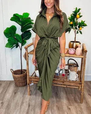 NEW BTFBM Women's Long Sleeve Lapel V Neck Button Down Army Green Dress Belted Elegant Ruched Spring Summer Maxi Shirt Dress - Size M - Retails $59 