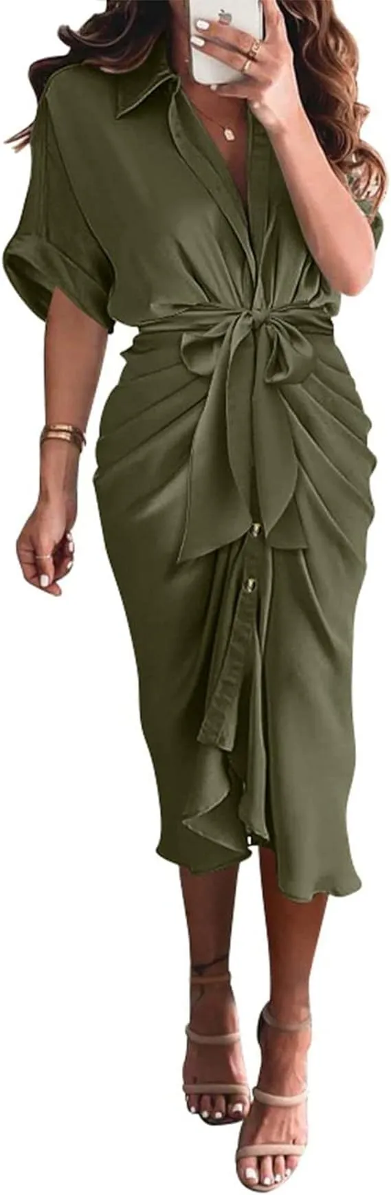 NEW BTFBM Women's Long Sleeve Lapel V Neck Button Down Army Green Dress Belted Elegant Ruched Spring Summer Maxi Shirt Dress - Size M - Retails $59 