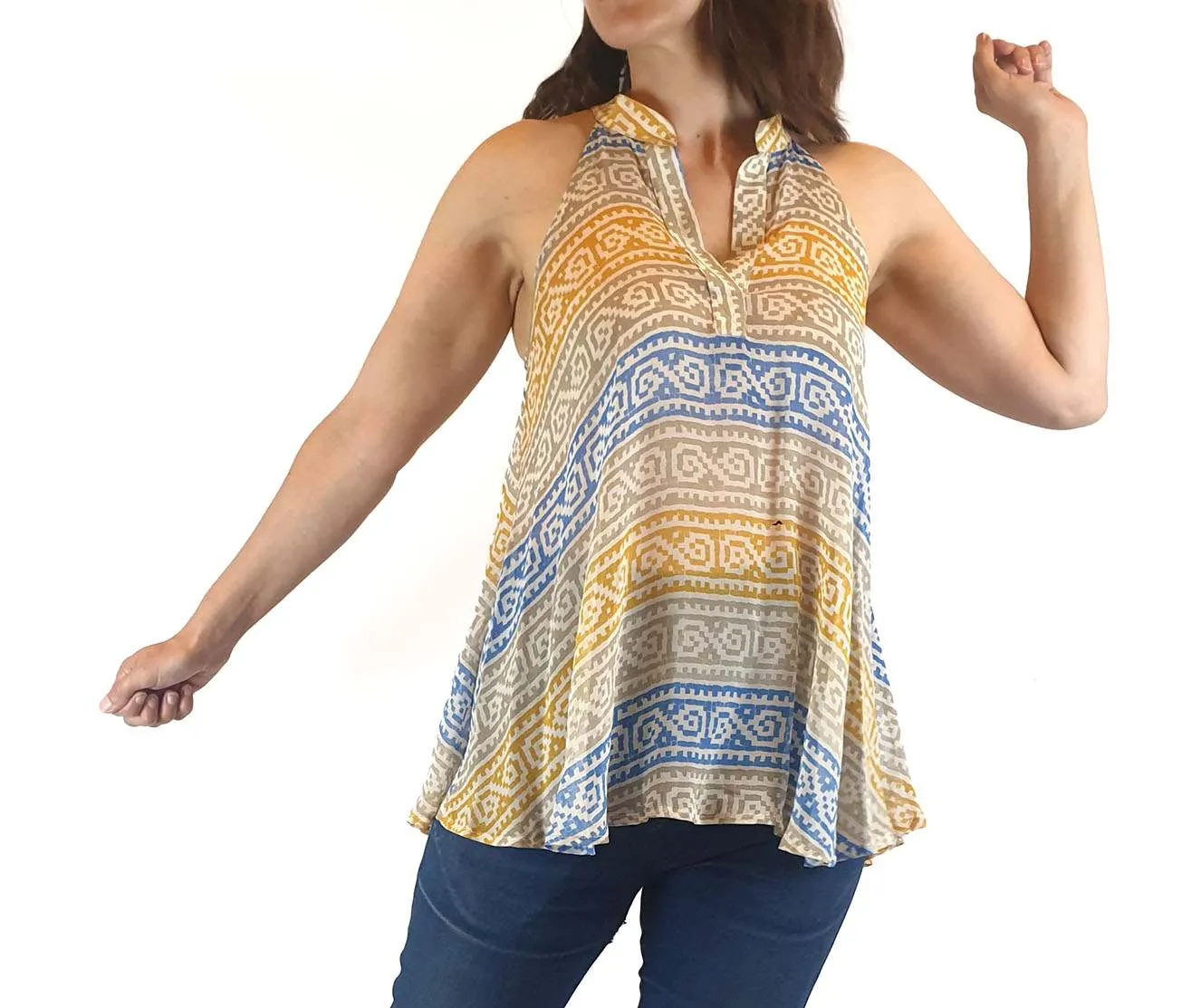 Obus 100% silk unique blue, mustard and grey print sleeveless semi-sheer top size 1 (fits 6-8)