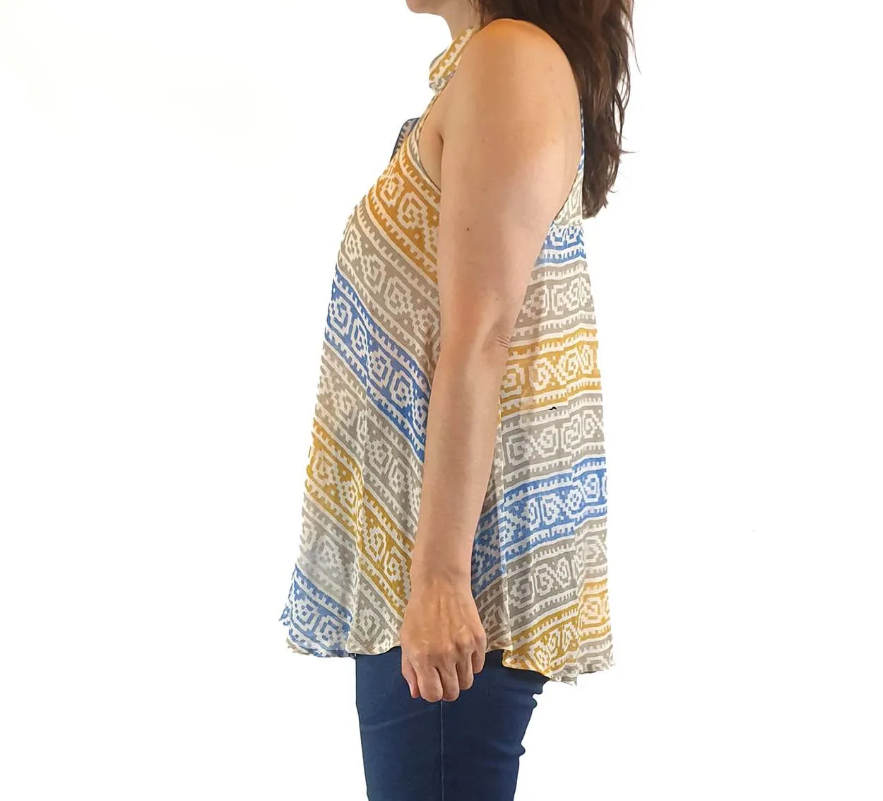 Obus 100% silk unique blue, mustard and grey print sleeveless semi-sheer top size 1 (fits 6-8)