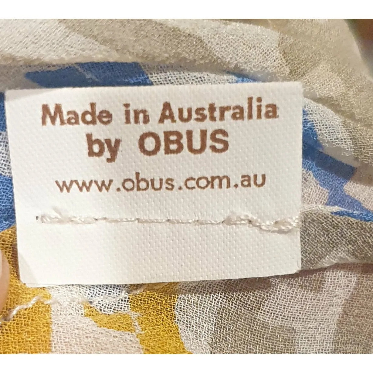 Obus 100% silk unique blue, mustard and grey print sleeveless semi-sheer top size 1 (fits 6-8)