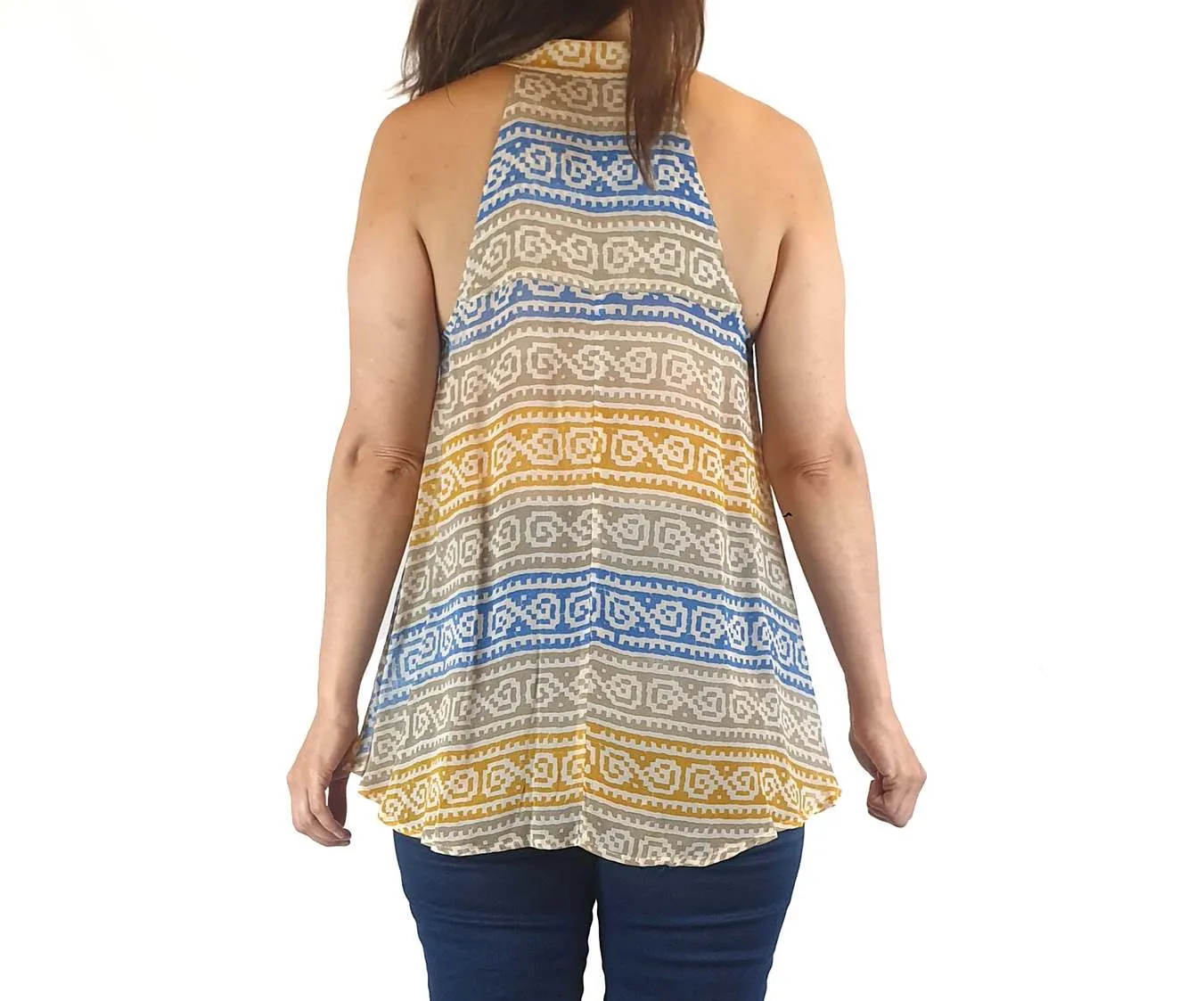 Obus 100% silk unique blue, mustard and grey print sleeveless semi-sheer top size 1 (fits 6-8)