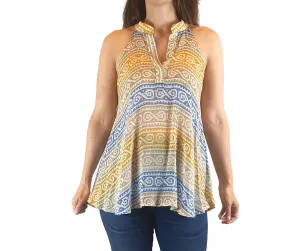 Obus 100% silk unique blue, mustard and grey print sleeveless semi-sheer top size 1 (fits 6-8)