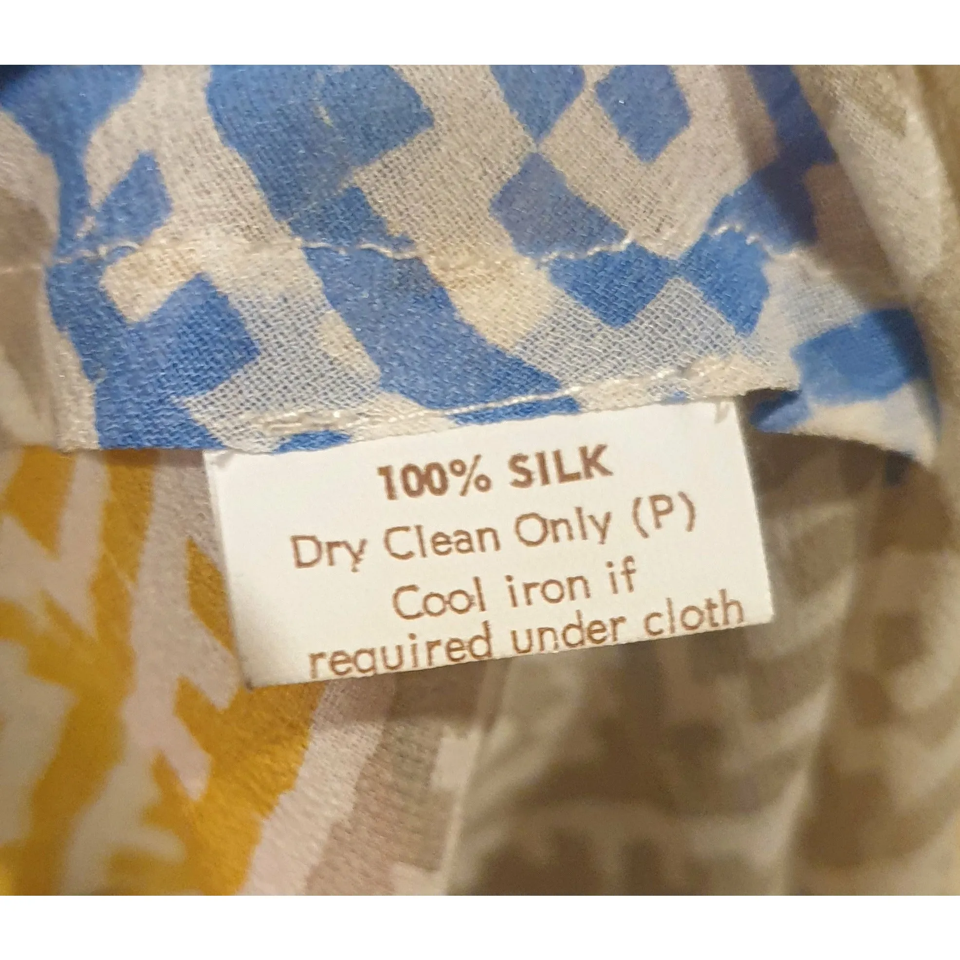 Obus 100% silk unique blue, mustard and grey print sleeveless semi-sheer top size 1 (fits 6-8)