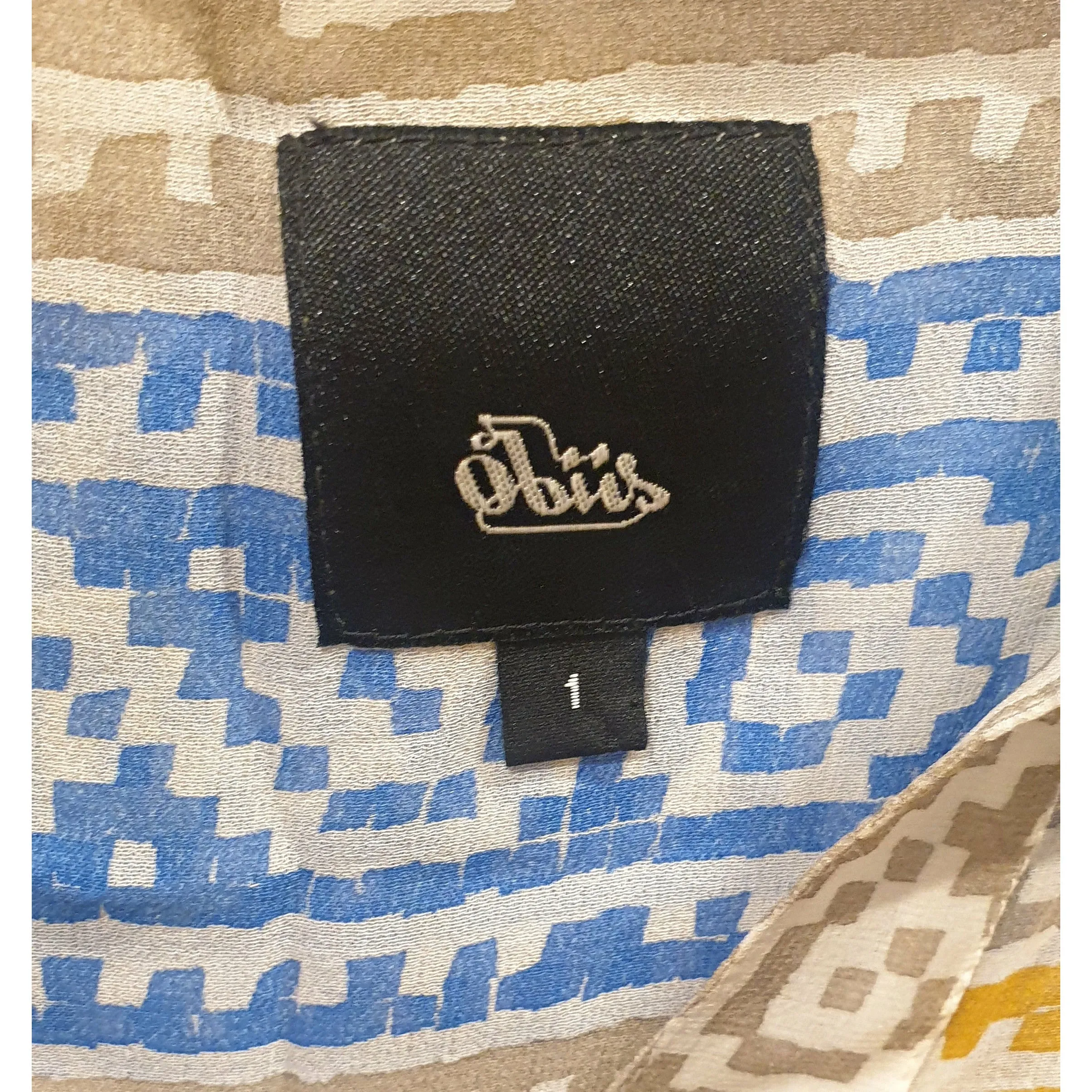 Obus 100% silk unique blue, mustard and grey print sleeveless semi-sheer top size 1 (fits 6-8)