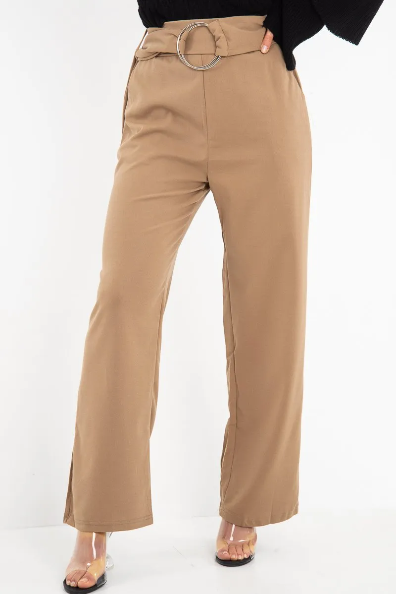 Olive Crepe Wide Leg O Ring Belted Trousers - Jaselle