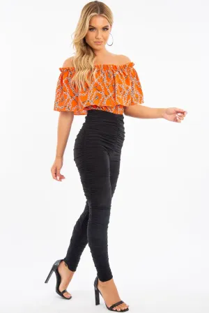 Orange Chain Print Bardot Bodysuit - Peeta