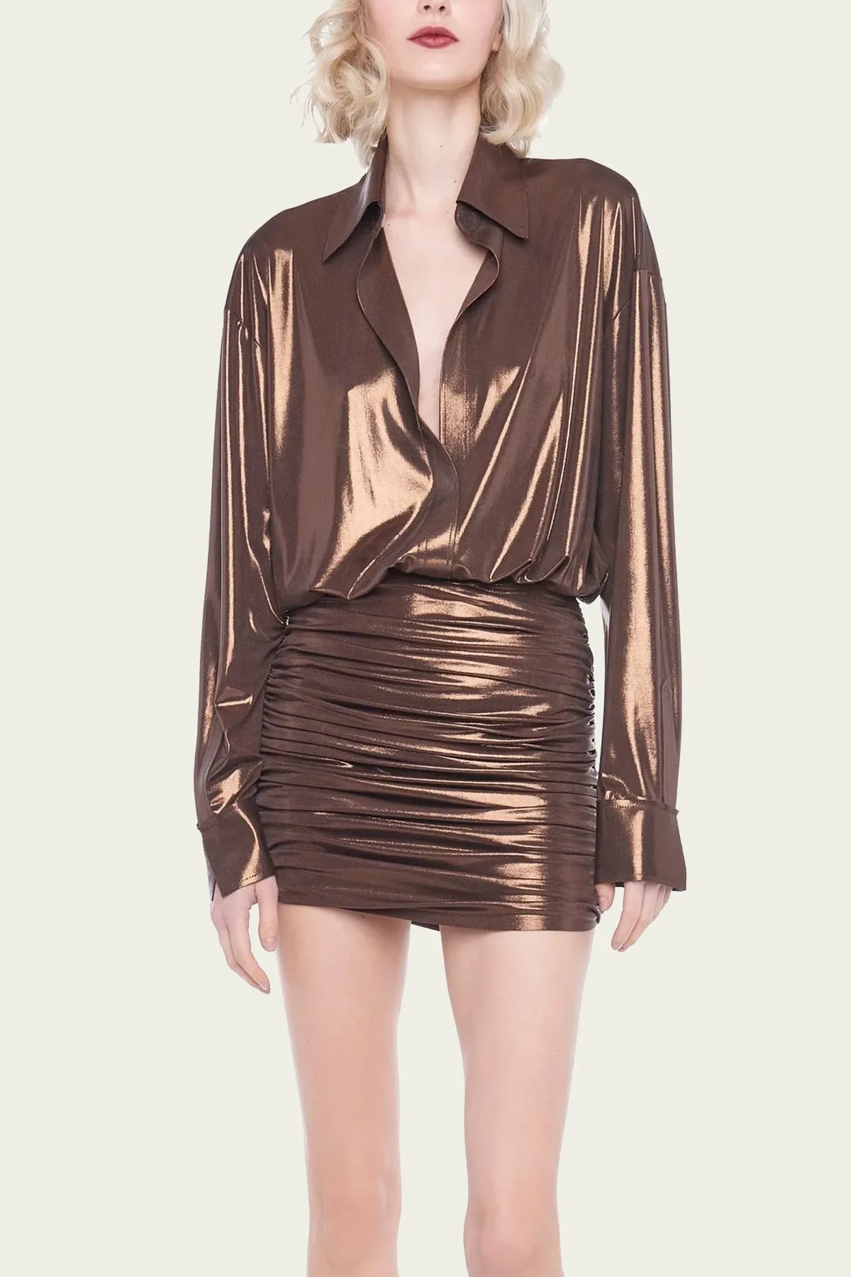 Oversized BF NK Shirt Mini Dress in Metallic Chocolate