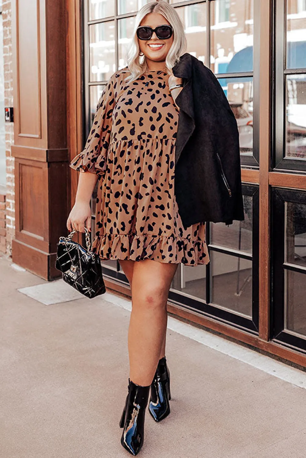 Plus Size Leopard Shift Dress with Ruffle