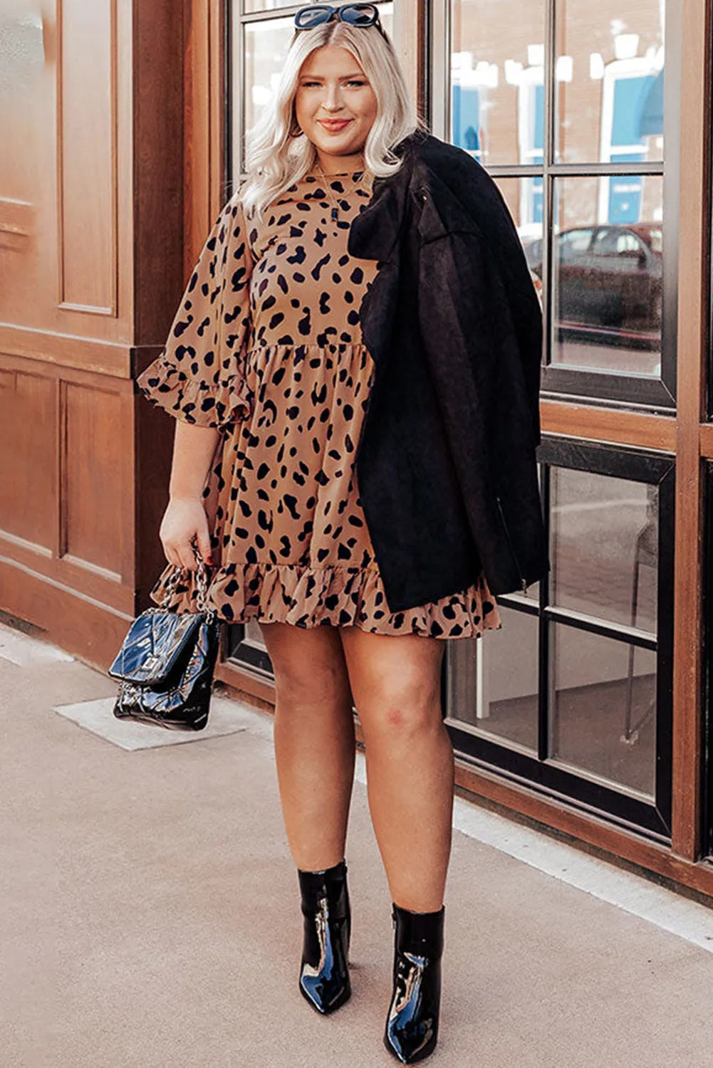 Plus Size Leopard Shift Dress with Ruffle