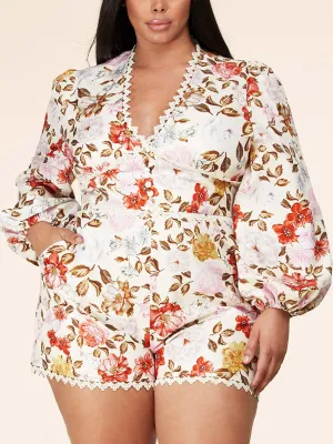 PLUS SIZE LONG SLEEVE V-NECK FLORAL ROMPER