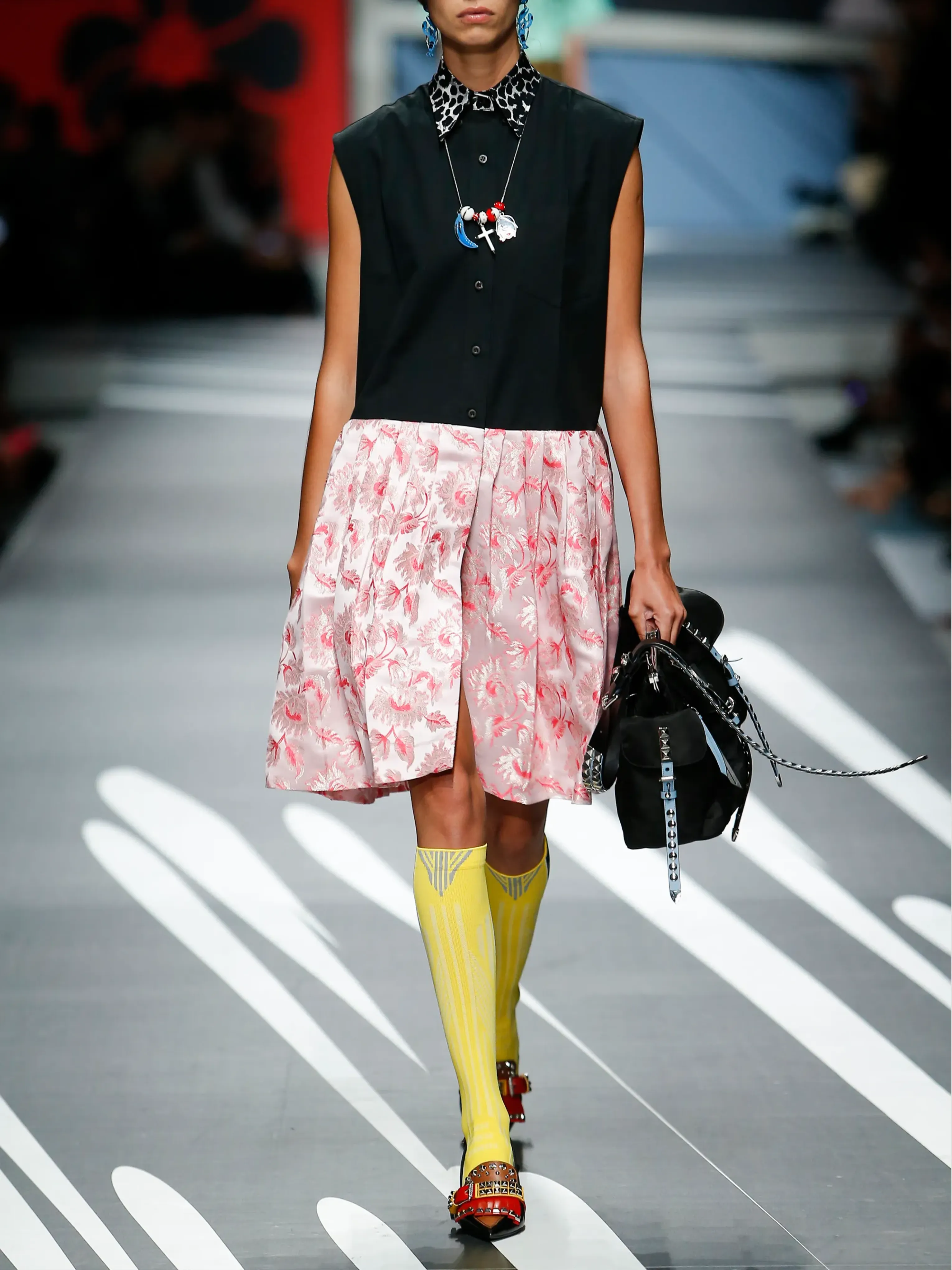 Prada Spring 2018 Cotton Shirt Dress with Jacquard Print Skirt