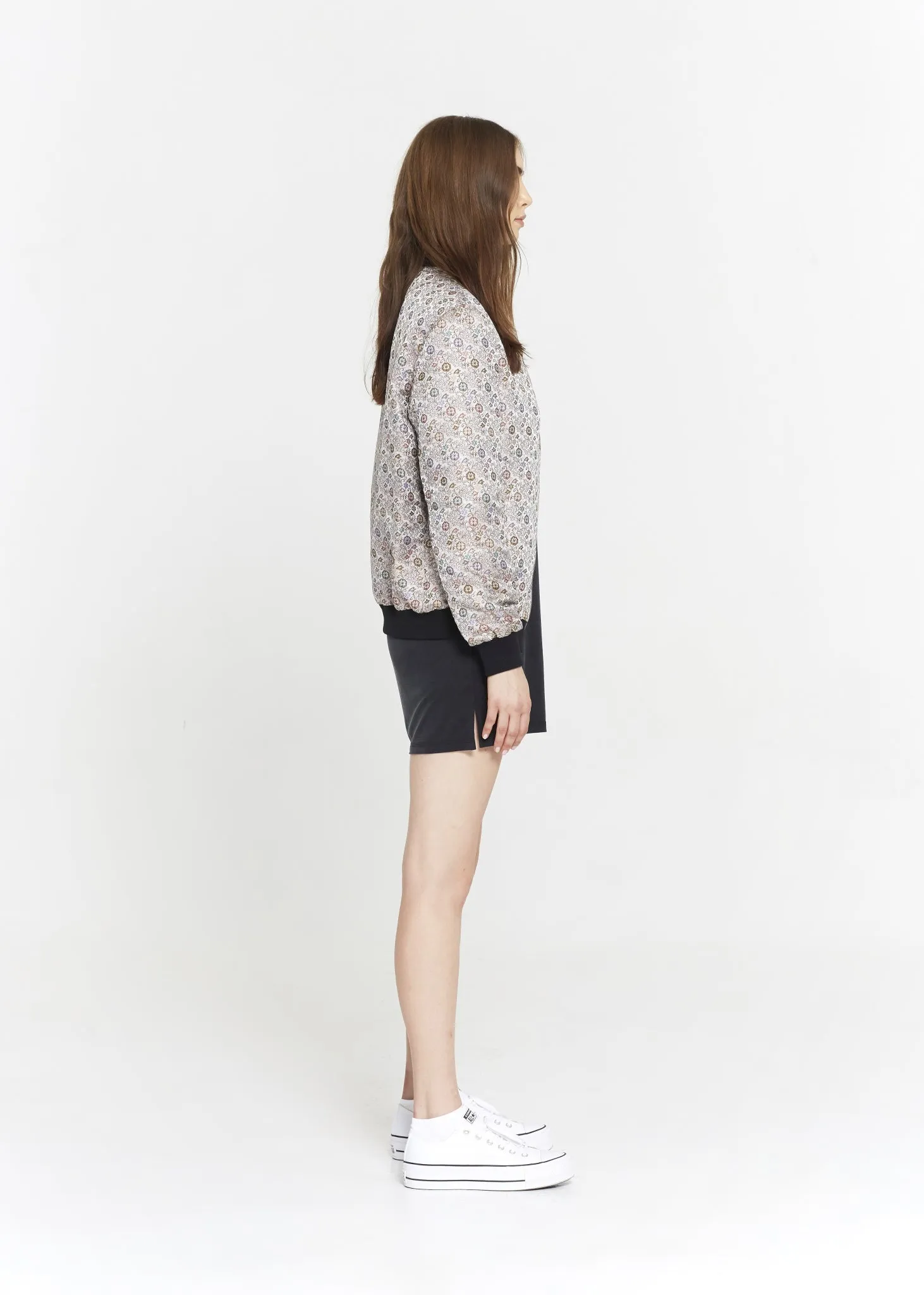 "The Limited Edition Crepe Bomber" in Silver Floral