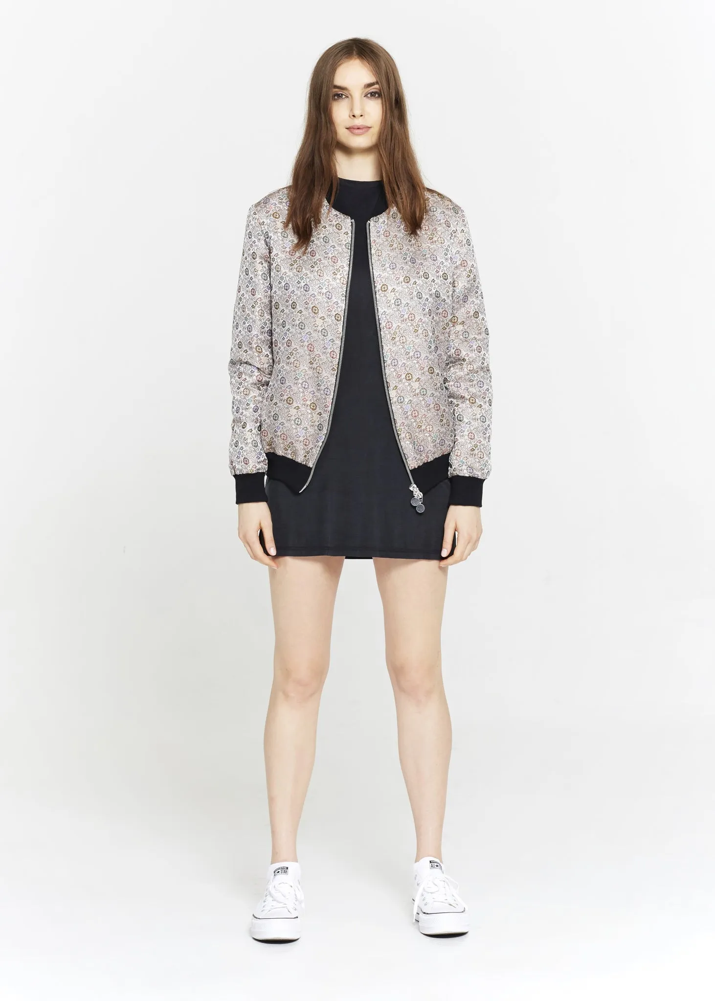"The Limited Edition Crepe Bomber" in Silver Floral