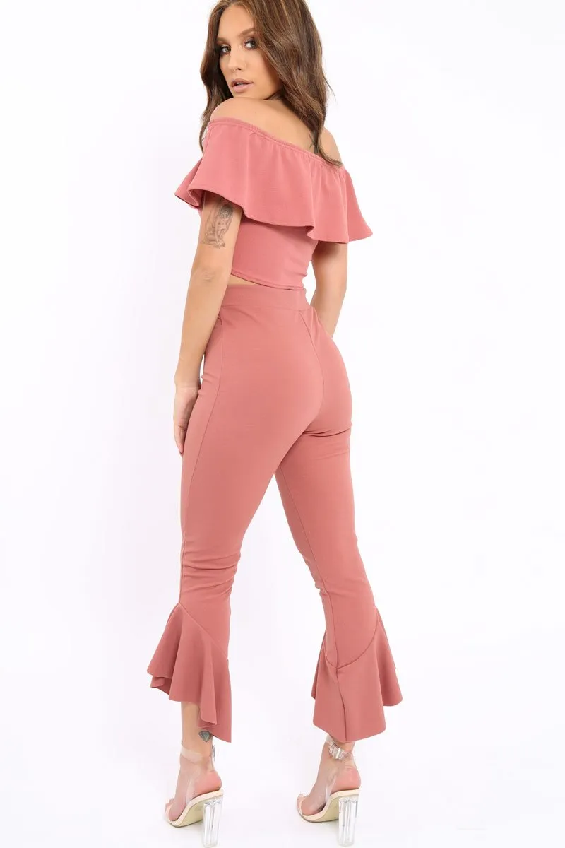 Rose Bardot Crop Top And Dip Hem Trousers Co-ord Set - Alexiah