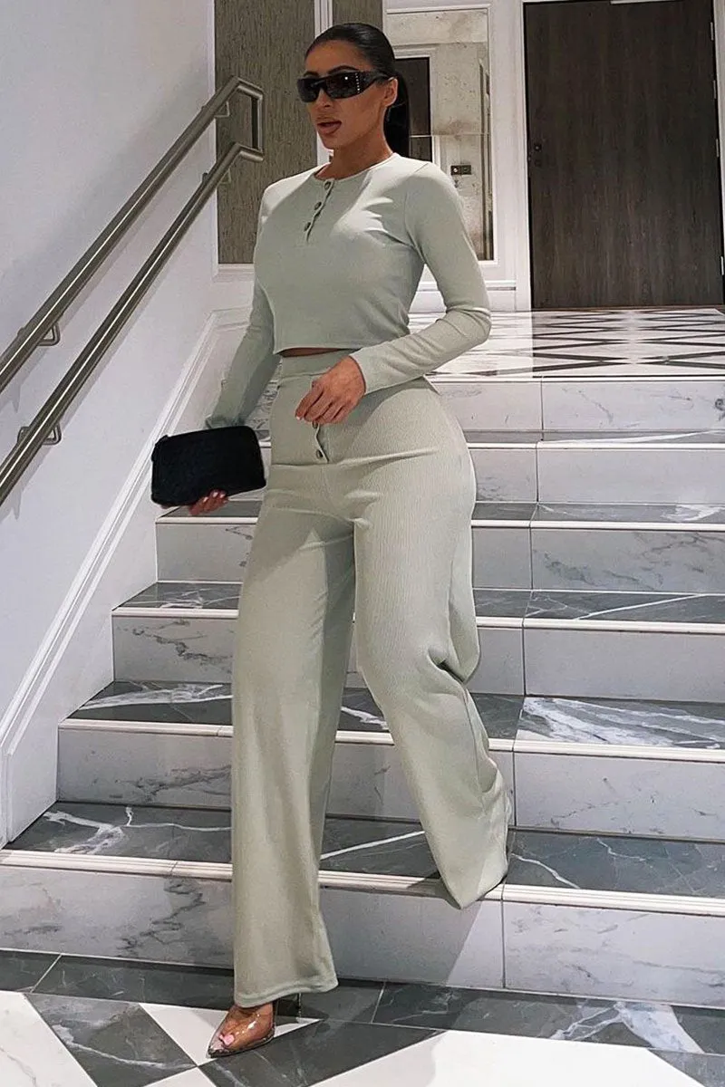 Sage Ribbed Button Front Top   Trouser Co-ord - Emani